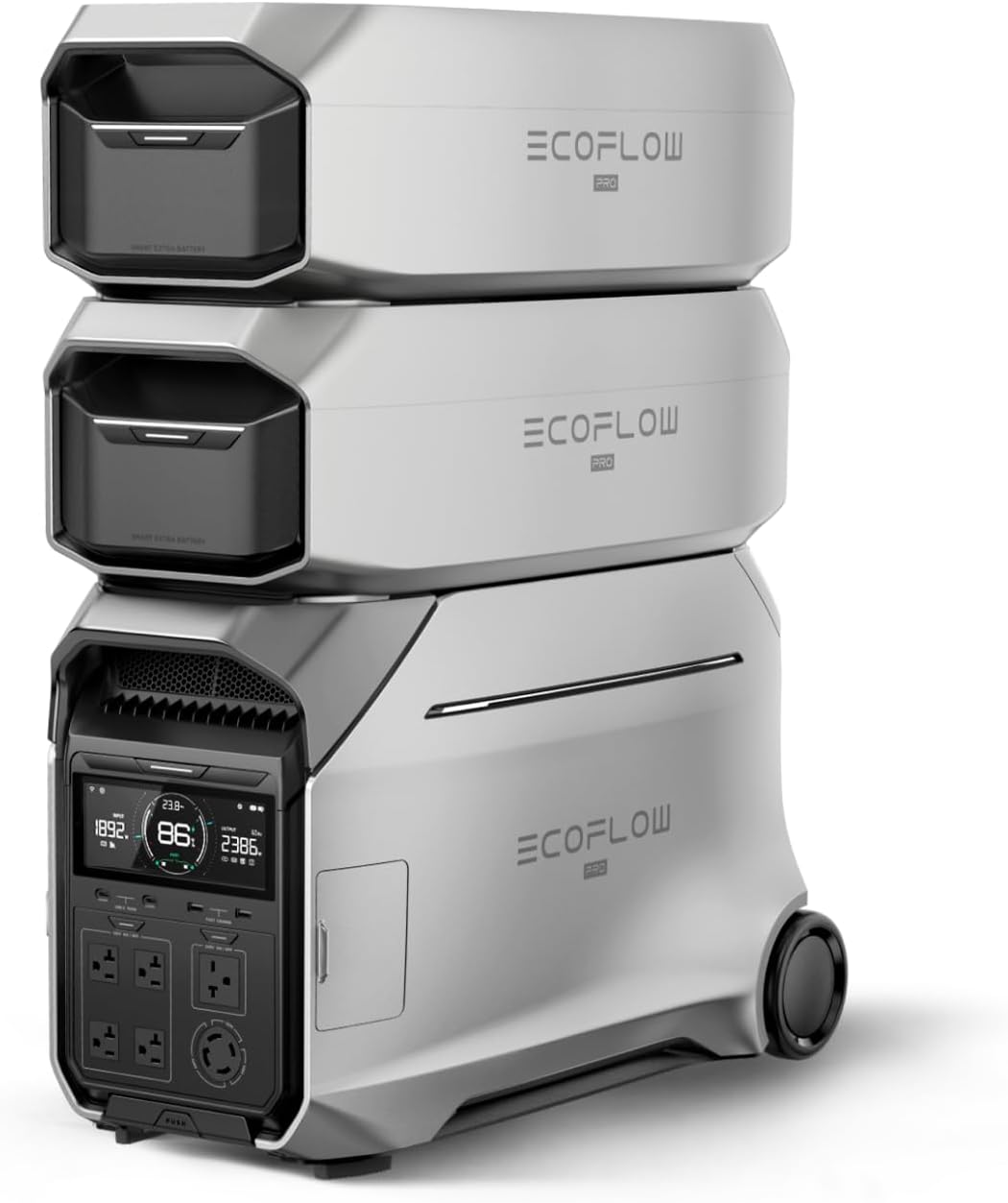 ECOFLOW DELTA Pro 3 Portable Power Station delivers a robust 12kWh capacity with two extra batteries, providing reliable energy storage for extended use. Featuring a powerful 4000W AC output at 120/240V.