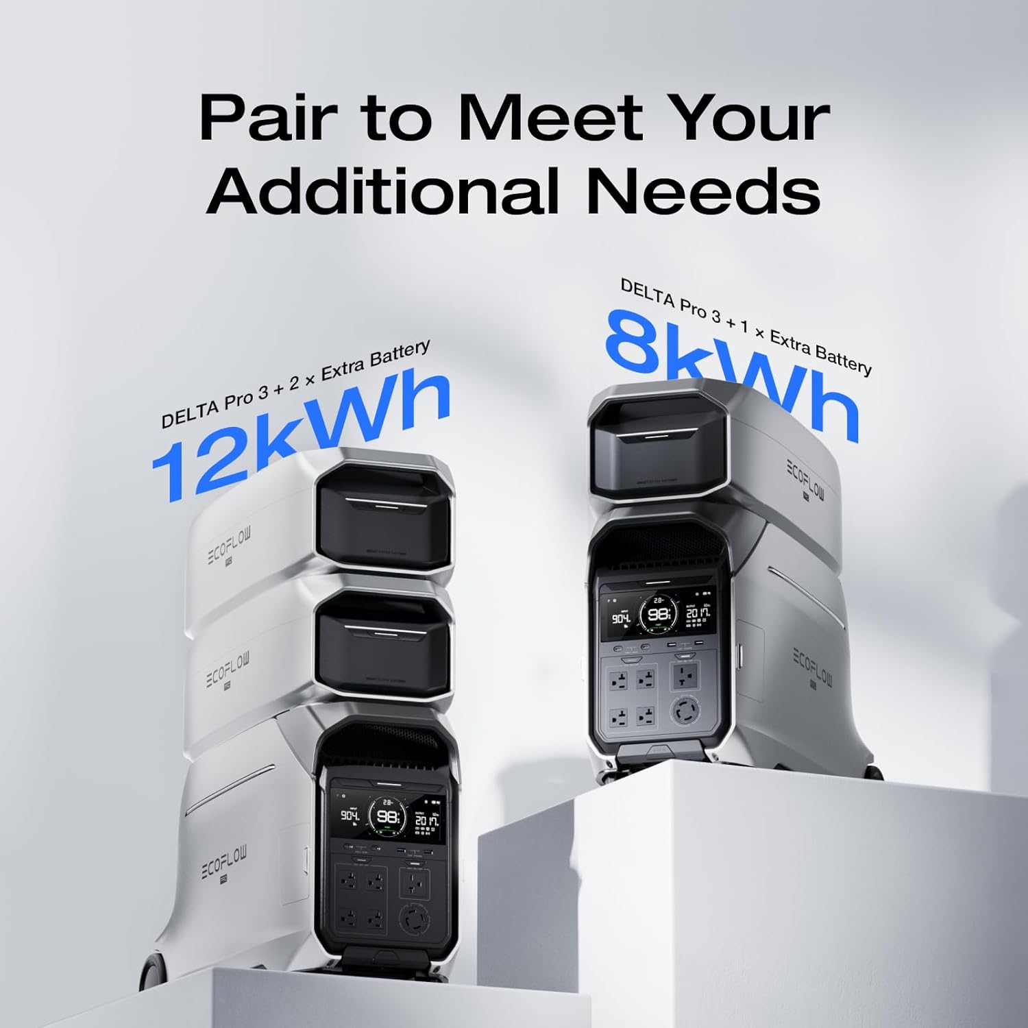 ECOFLOW DELTA Pro 3 Portable Power Station delivers a robust 12kWh capacity with two extra batteries, providing reliable energy storage for extended use. Featuring a powerful 4000W AC output at 120/240V.
